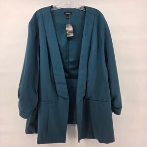 Torrid Open Front Blazer Plus Size 5X Teal Crepe Ruched Sleeve Office Work